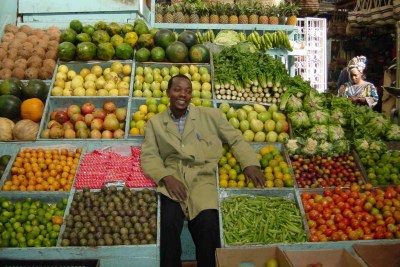 Fresh fruit and veg on sale at Nairobi City Market.