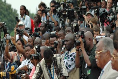 The press at Sirleaf's inauguration.