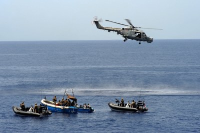 Western naval forces intercept a skiff carrying suspected pirates in the Gulf of Aden.