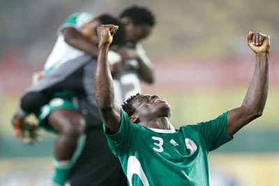 The Super Eagles celebrate their victory over the Harambe Stars of Kenya on the road to qualifying for the 2010 World Cup.