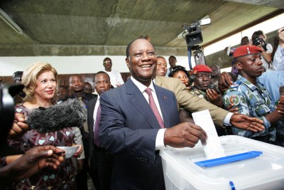 Alassane Ouattara, the declared winner of the presidential election, casts his ballot.