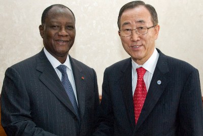 United Nation Secretary-General Ban Ki-moon, right, meets Alassane Ouattara (file photo).