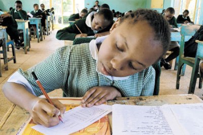 Kenya Certificate of Primary Education candidates of Moi Nyeri Complex School fill papers during examination rehearsals