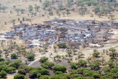 An aerial view of the village of Fertait, burned to the ground in an earlier series of attacks in Jonglei State.