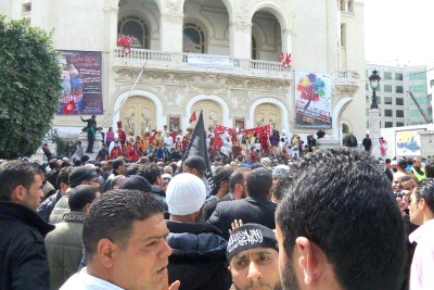 Salafists gather in front of the Municipal Theater in Tunis to demonstrate in support of the Koran, saying that the Muslim holy book is under threat by more secular elements of Tunisian society.