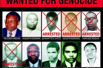 This wanted poster shows Protais Mpiranya - bottom row, second from right - a former Rwandan army official, who was accused of taking part in the 1994 Genocide against the Tutsi (file photo).