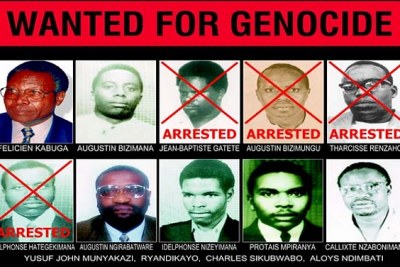 This wanted poster shows Protais Mpiranya - bottom row, second from right - a former Rwandan army official, who is accused of taking part in the 1994 Genocide against the Tutsis. He is believed to be hiding in Zimbabwe, where police are searching for him.