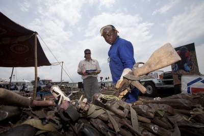 Weapons retrieved from rebels by the United Nations mission in the Democratic Republic of the Congo being destroyed.(file photo).