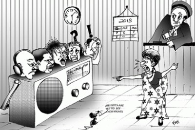 A cartoon depicting the Commercial High Court ruling in a case involving traditional music artiste Cécile Kayirebwa, and six radio stations accused of playing her songs illegally.