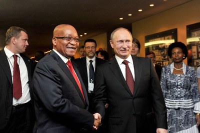 President Jacob Zuma with Russian President Vladimir Putin at the fifth Brics in Durban, South Africa.