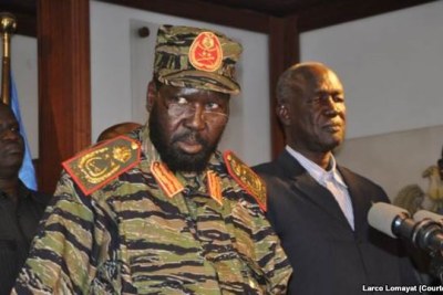 South Sudan President Salva Kiir faces reporters