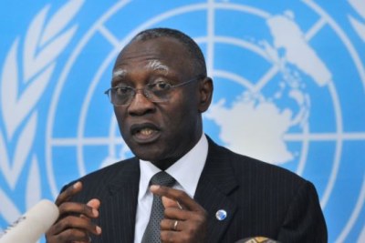 General Babacar Gaye, the UN secretary-general's representative to Central African Republic, speaks on Feb. 6, 2014, at the BINUCI (United Nations Integrated Peacebuilding Office in the Central African Republic) headquarters in Bangui.
