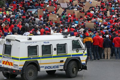 Members of the National Union of Metalworkers of South Africa (Numsa) march for better wages in Cape Town.