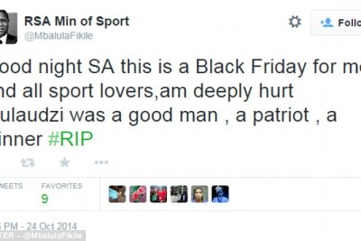 Sports Minister Fikile Mbalula also tweeted news of the athlete's death.