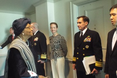 President Sirleaf being received at the U.S. Department of Defense
