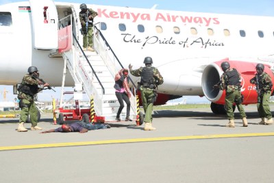 Recce Squad officers during a security and emergency drill at Jomo Kenyatta International Airport.