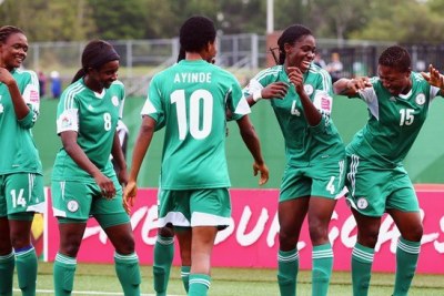 The Falcons of Nigeria celebrate at the FIFA Women's World Cup in Canada during a match against Sweden.