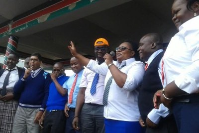Leaders in schools uniforms during a rally at Uhuru Park, Nairobi, in support of the teachers' pay hike demand.