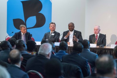 From left to right: Former MP Mark Simmonds, CEO & President  - GE UK & Ireland Mark Elborne, His Excellency President John Dramani Mahama and Lord Provost of Aberdeen George Adam address the audience during the Growth in Ghana forum on Friday, March 18.