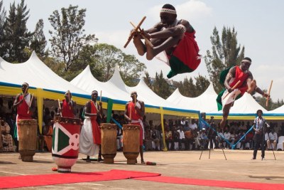 Burundian refugees perform during the World Refugee Day in Kigali.