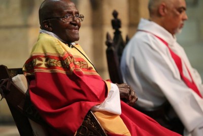 Archbishop Emeritus Desmond Tutu, along with the Rev. Michael Weeber, at Cape Town's St. Georges Cathedral during Eucharist in celebration of Tutu's 85th birthday.