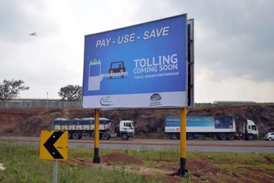 A billboard erected by the Kenya National Highway Authority on the Southern Bypass near Lang'ata road overpass indicating the putting up of a Toll Station on the highway.