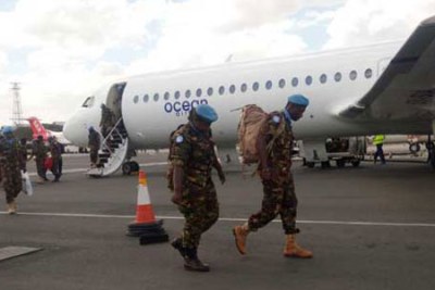 The Kenya Defence Force soldiers pulled out of the South Sudan peacekeeping mission arrive at the Jomo Kenyatta International Airport in Nairobi on November 9, 2016.