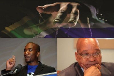 Top: Title image of former Public Protector Thuli Madonsela's State Capture report. Bottom-left: DA leader Mmusi Maimane. Bottom-right: President Jacob Zuma.