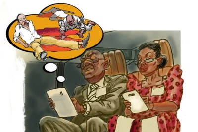 An illustration showing Kasese MPs thinking about the tragedy in parliament.