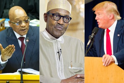 From left, Presidents Jacob Zuma, Muhammadu Buhari and Donald Trump.