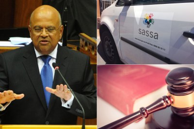 Left: South African Finance Minister Pravin Gordhan. Top-right: Sassa vehicle. Bottom-right: Judge's gavel.