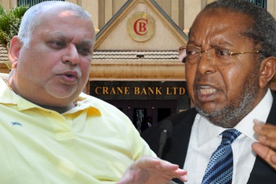 A photo montage of the under fire Crane Bank proprietor Sudhir Ruparelia, left, and Bank of Uganda governor Emmanuel Tumusiime-Mutebile.