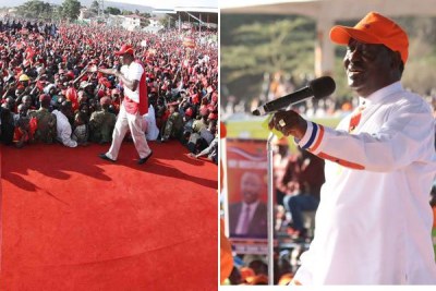 Jubilee’s President Uhuru Kenyatta, left, addresses a rally at Afraha Stadium in Nakuru. Raila Odinga of Nasa spoke at Uhuru Park on August 5, 2017.