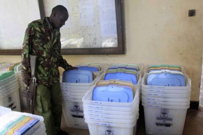 A police officer inspecting some of the ballot boxes at Shanzu Teachers College in Mombasa, on August 6, 2017.