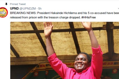 The opposition United Party for National Development (UPND) confirmed the news in a tweet.