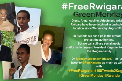 A campaign poster inviting people to help secure Diane Rwigara's freedom - #GreenMonday #100tweets2Kagame #FreeRwigaras #Rwanda #Rwot