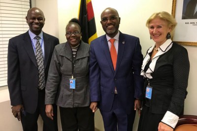 Justice Solome Bossa, second left, poses in New York on Tuesday with Uganda's Permanent Representative to the UN, Ambassador Adonia Ayebare, second right, and Mirjam Blaak, Uganda's envoy to the European Union.
