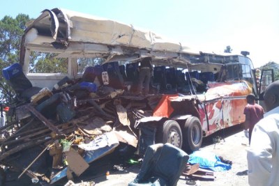Wreckage of Modern Coast bus that was involved in the crash a the Sachangwan blackspot. The bus was headed to Kampala from Nairobi.