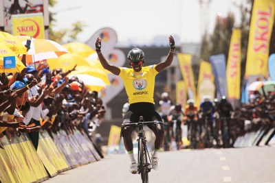 Tour du Rwanda 2017 winner Joseph Areruya celebrates the victory as he crossed the finish line in Kigali