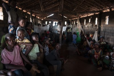 Displaced families shelter in a church in Tanganyika Province in the DR Congo.