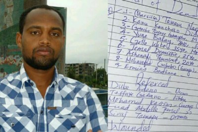 A picture of Temam as was sent by Aliyi to Addis Standard. Right: List of victims released by the hospital. Temam’s name is mentioned under No. 1 (Barsiisa “Teacher” Tamam Negesso). There is also a spelling difference as Temam’s name is spelled in Qubee, the Afaan Oromo Alphabet.
