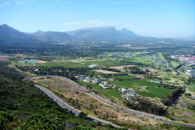A view of Steenberg wine farm, Pollsmoor Prison, Constantia and the back of Table Mountain, taken from Ou Kaapse Weg.
