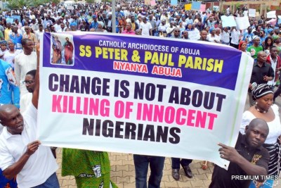 Catholic faithful during a peaceful prayerful procession to protest the killing of Catholic Priests and other Christians in Benue State, in Abuja on Tuesday