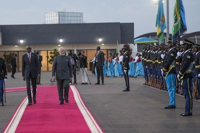 President Paul Kagame and Prime Minister Narendra Modi of India shortly after the latter’s arrival at Kigali International Airport.