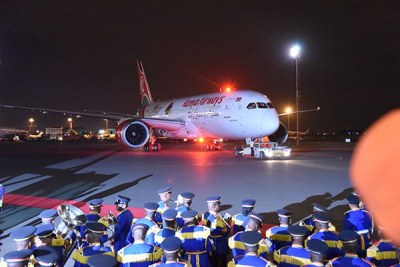 Kenya Airways  Boeing 787-8 Dreamliner shortly before leaving Jomo Kenyatta International Airport for New York City on October 28.