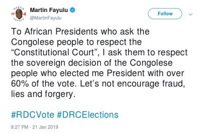 A tweet by presidential runner-up Martin Fayulu on January 21, 2019.