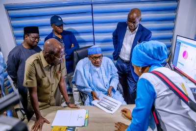 President Muhammadu Buhari at his campaign headquarters in the run-up to the announcement of the election result.