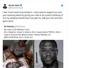 Kevin Hart has reached out to a young Nigerian artist who posted a drawing of him on Twitter.