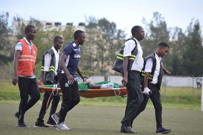Paramedics carry off-pitch Gor Mahia striker Dennis Oliech after he was injured during their Sportpesa Premier League match against Western Stima at Moi Stadium, Kisumu on May 5, 2019.