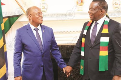 President Emmerson Mnangagwa and his Tanzanian counterpart, President John Magufuli, share a lighter moment before entering into a closed-door meeting at State House in Harare.